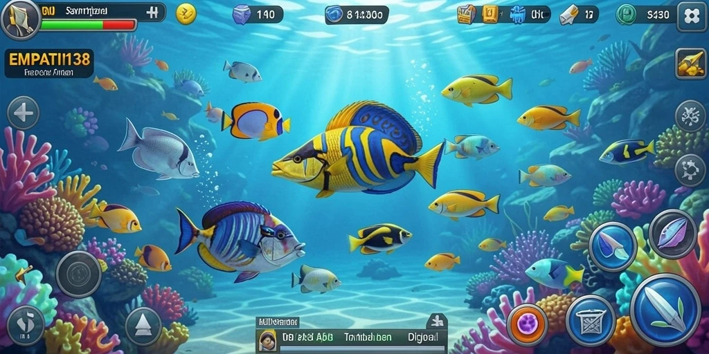 Tampilan gameplay EMPATI138 saat menembak ikan dengan senjata canggih.