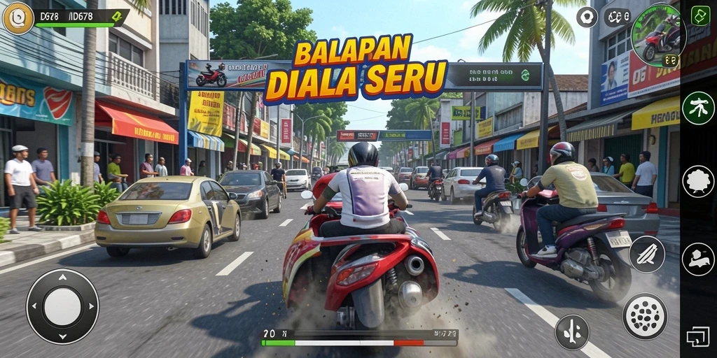 Tampilan penuh aksi dari gameplay balapan ID678 yang mendebarkan.