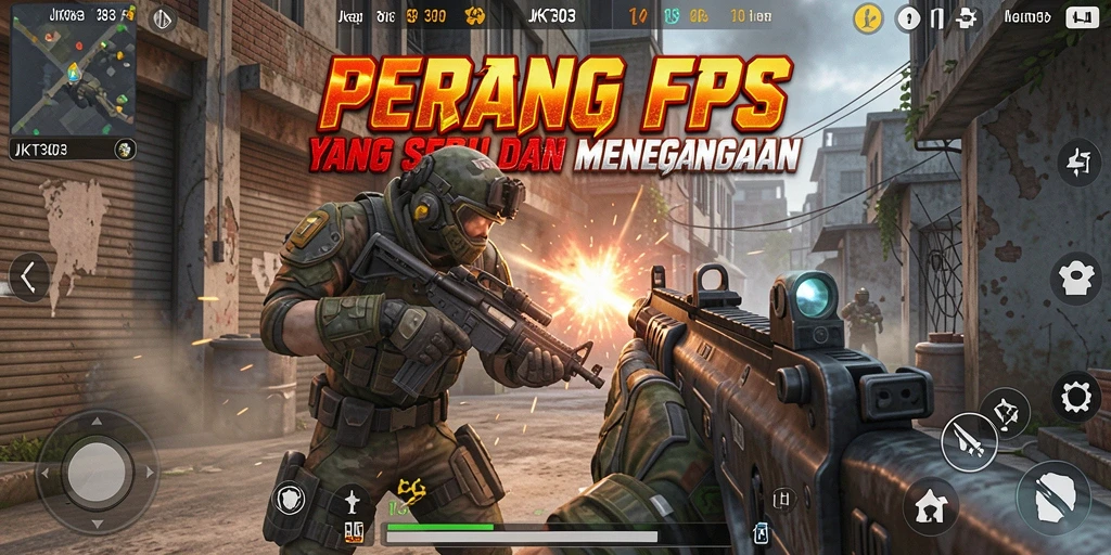 Screenshot utama JKT303 menampilkan aksi tembak-menembak yang intens di medan perang.