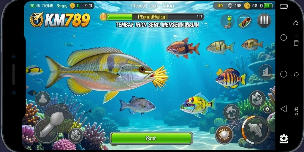 Tangkapan layar gameplay KM789 menampilkan aksi seru berburu ikan.