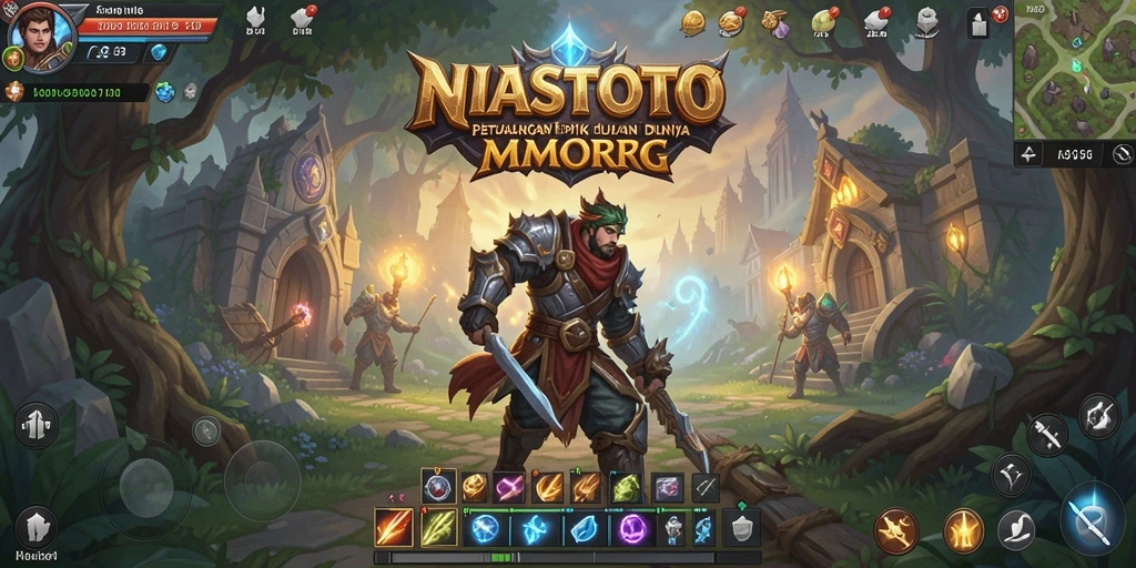 Screenshot utama NIASTOTO menampilkan pertempuran seru di dunia fantasi.