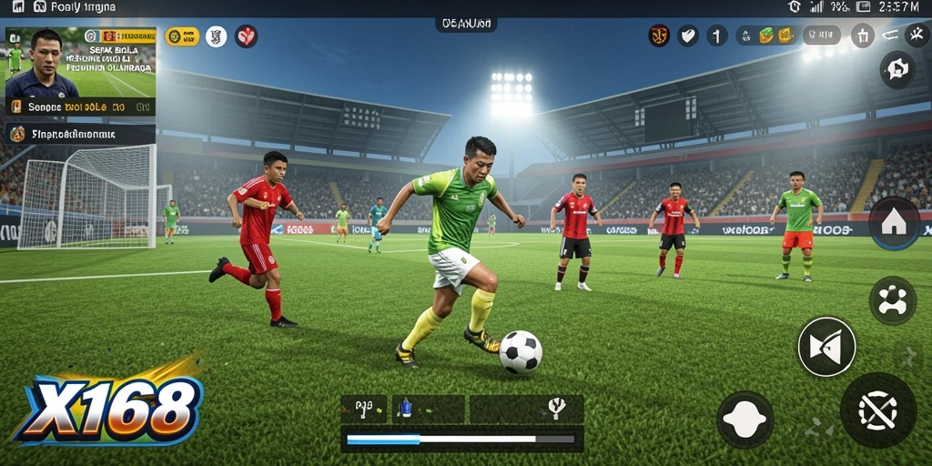 Tampilan gameplay X168 yang menampilkan aksi sepak bola seru.